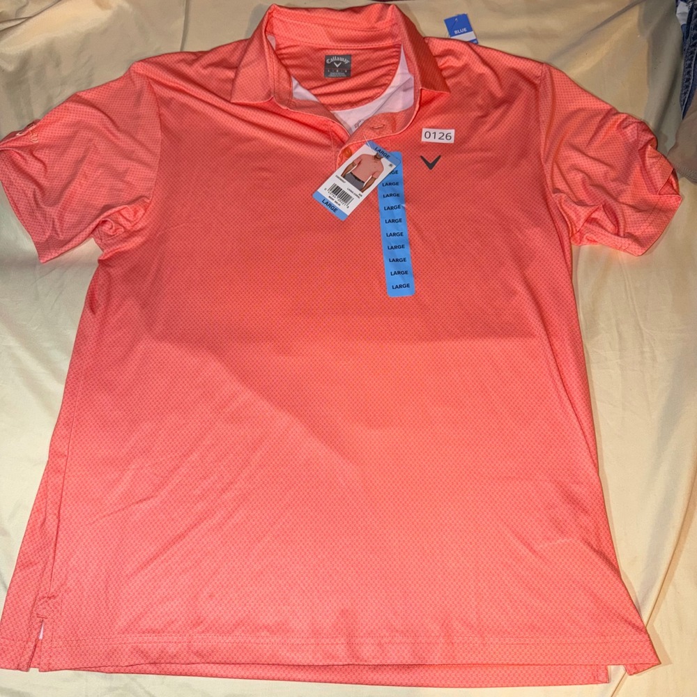 NWT Callaway Mens L Golf Polo Shirt Living Coral Orange Micro Print CGKSE0U7